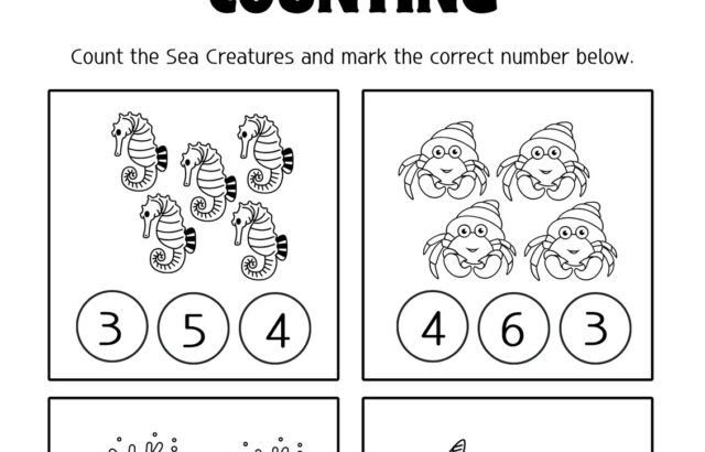 Sea creatures counting worksheet with four picture boxes