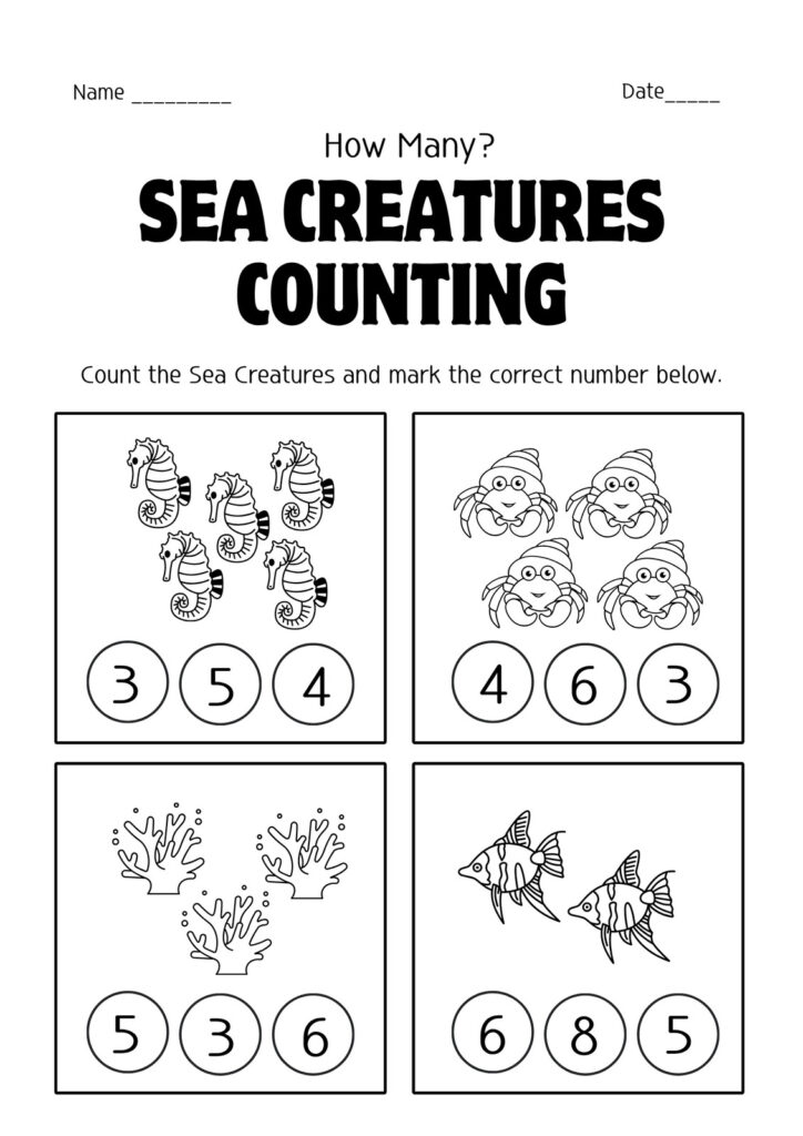 Sea creatures counting worksheet with four picture boxes