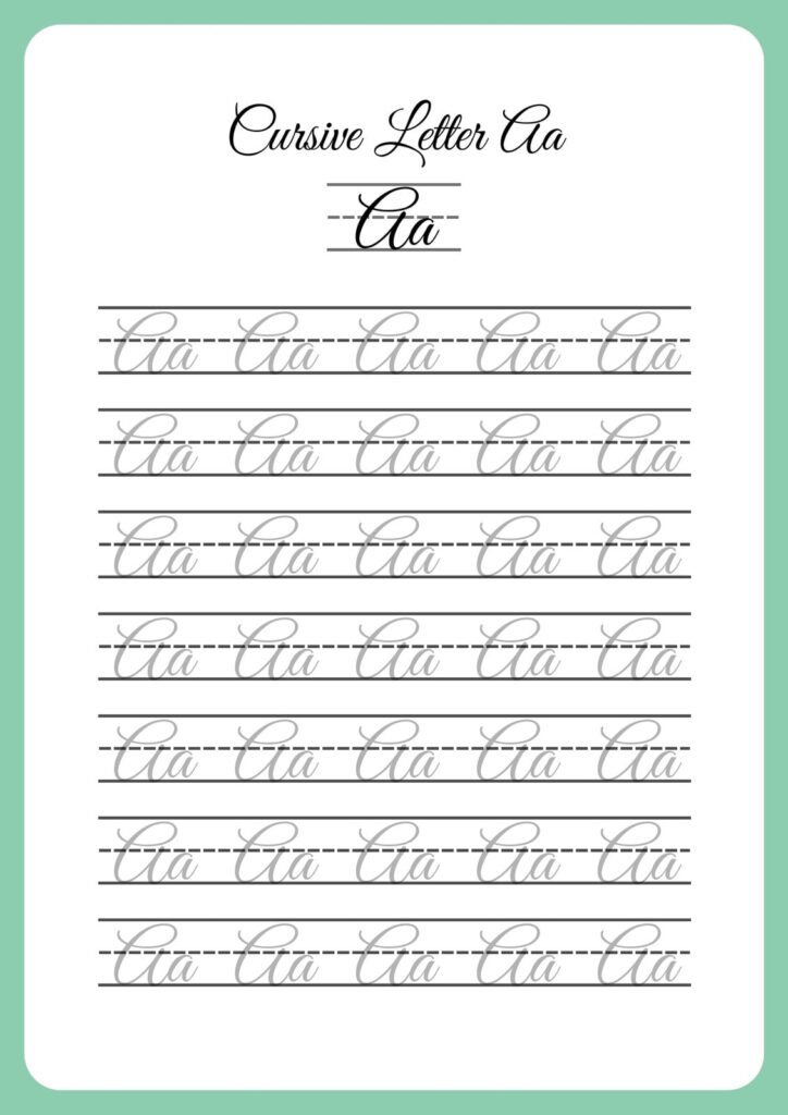 Cursive letter Aa practice worksheet with repeated lines