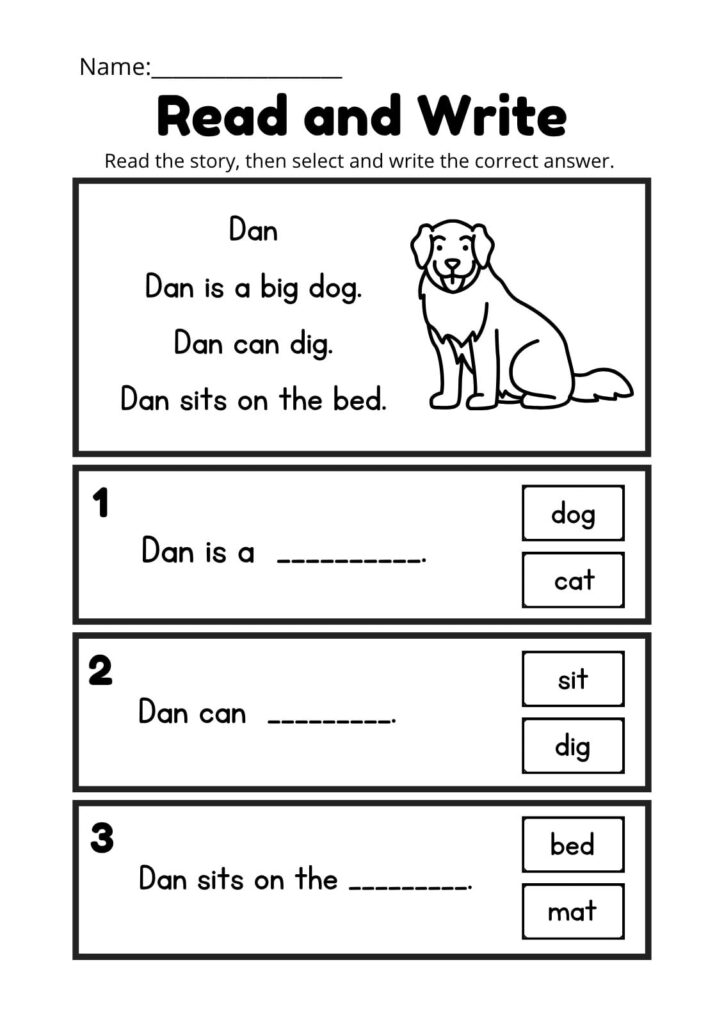 Printable reading worksheet with dog and questions