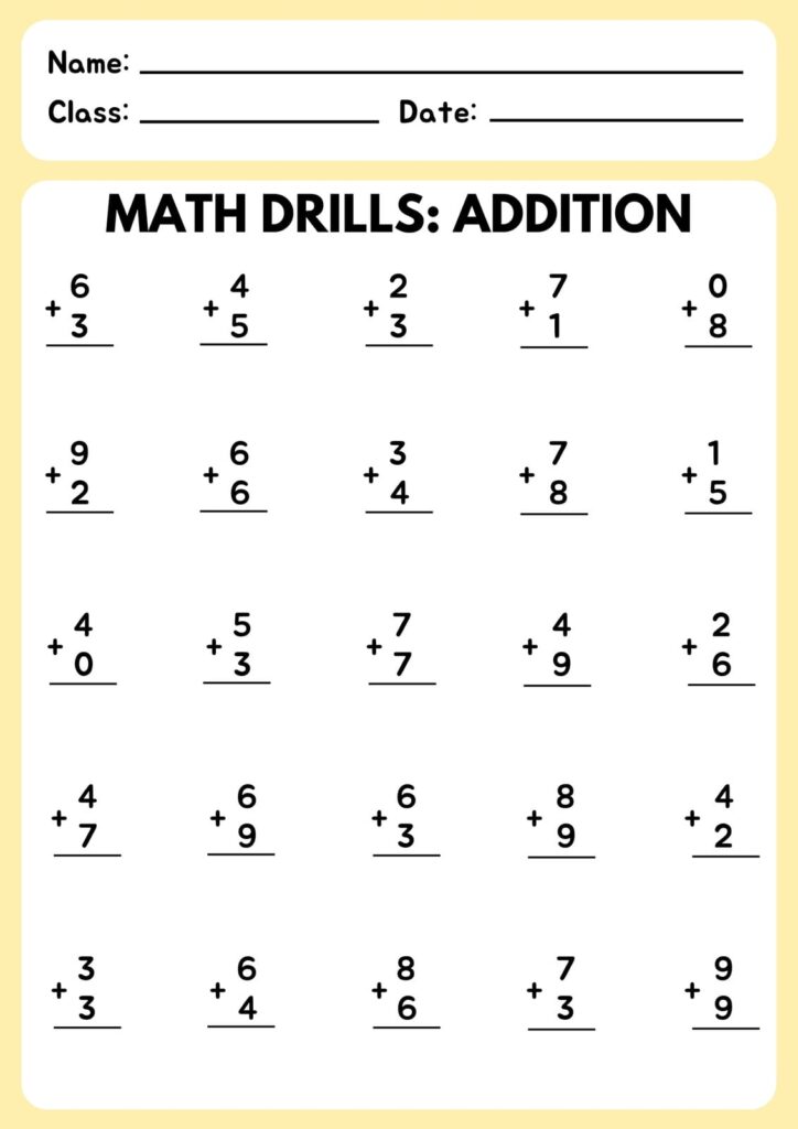 Addition math drill worksheet with numbered problems