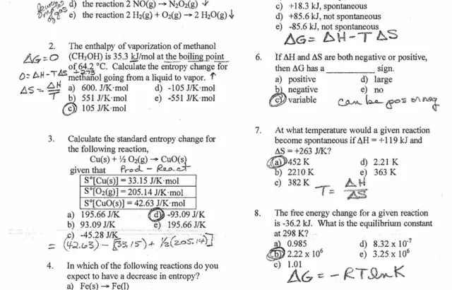 AP Chemistry entropy and free energy practice test worksheet