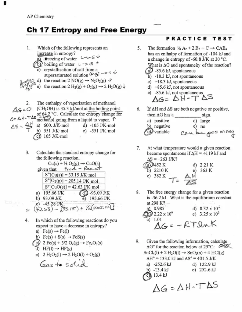 AP Chemistry entropy and free energy practice test worksheet