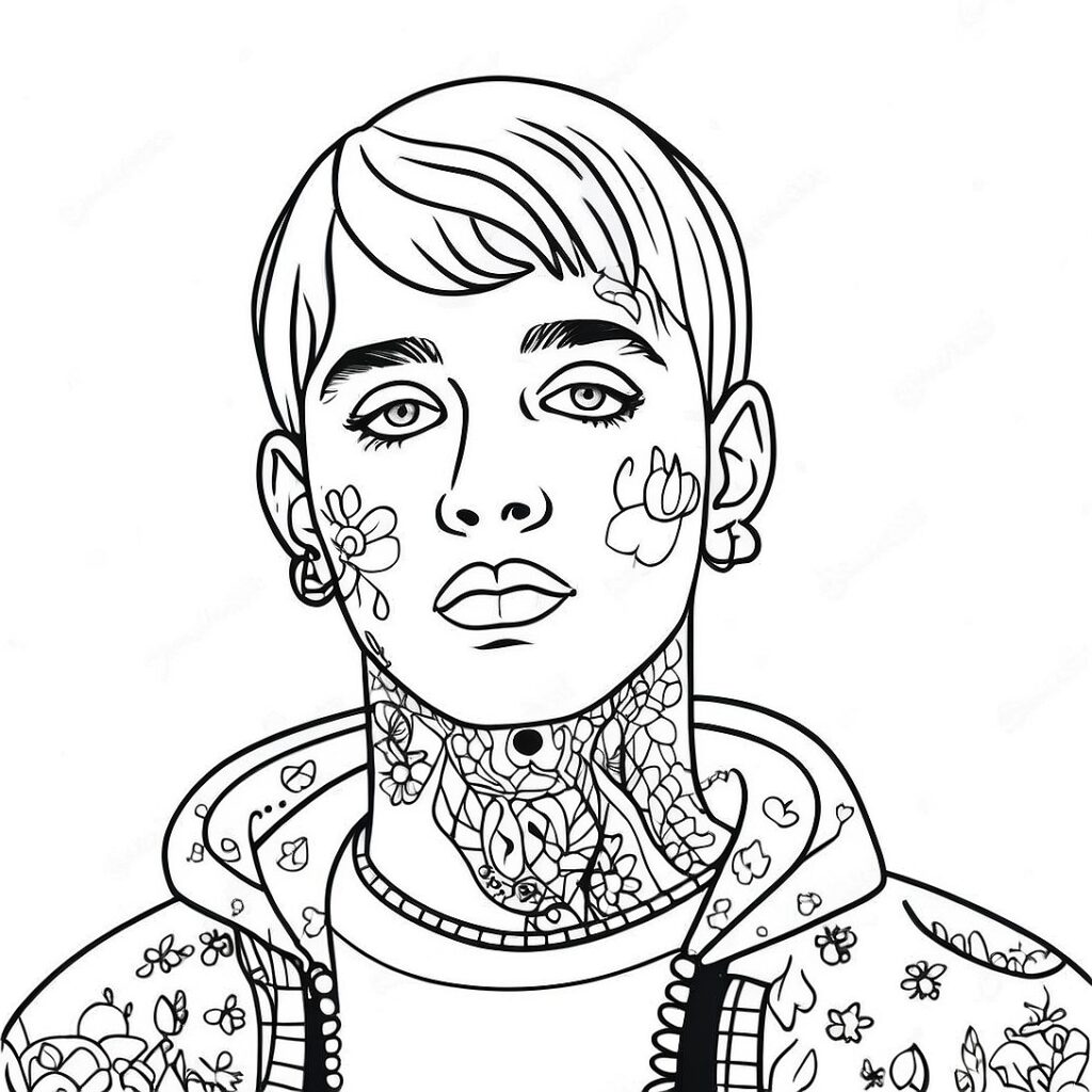 Black-and-white line drawing of a tattooed young man portrait