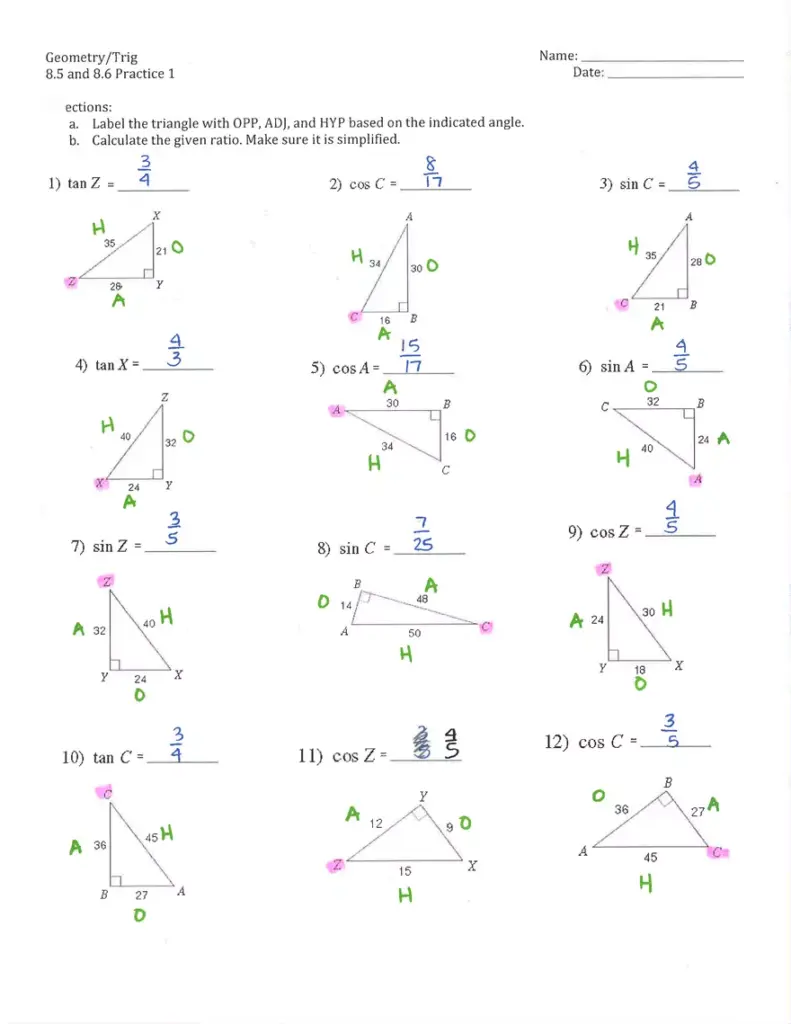 Annotated geometry trig worksheet with triangle diagrams and answers