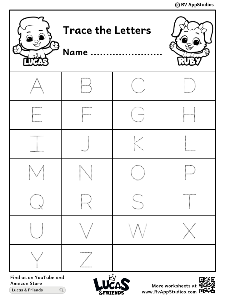 Alphabet tracing worksheet with cartoon puppies and letters