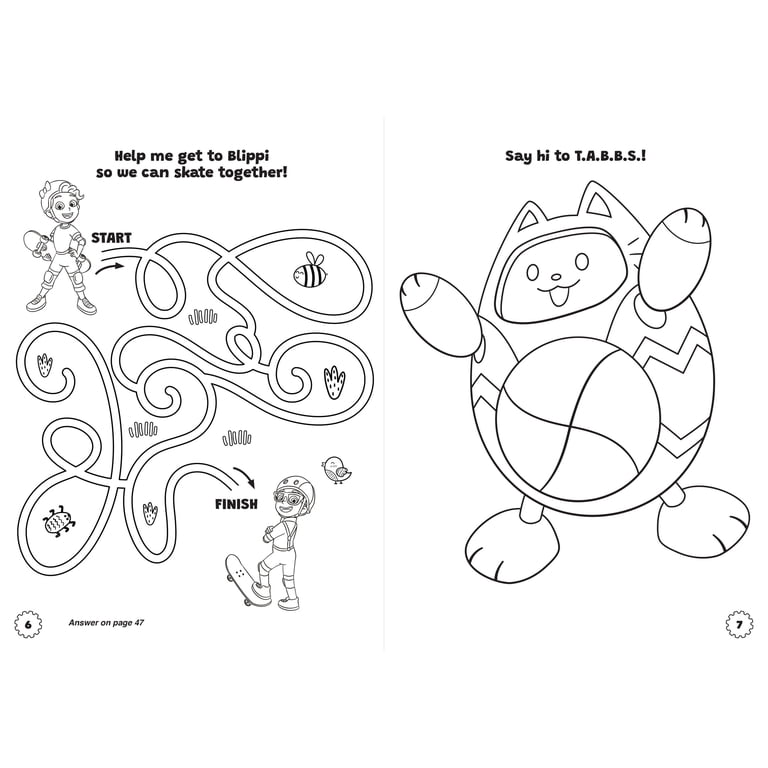 Two-page coloring book spread with maze and character