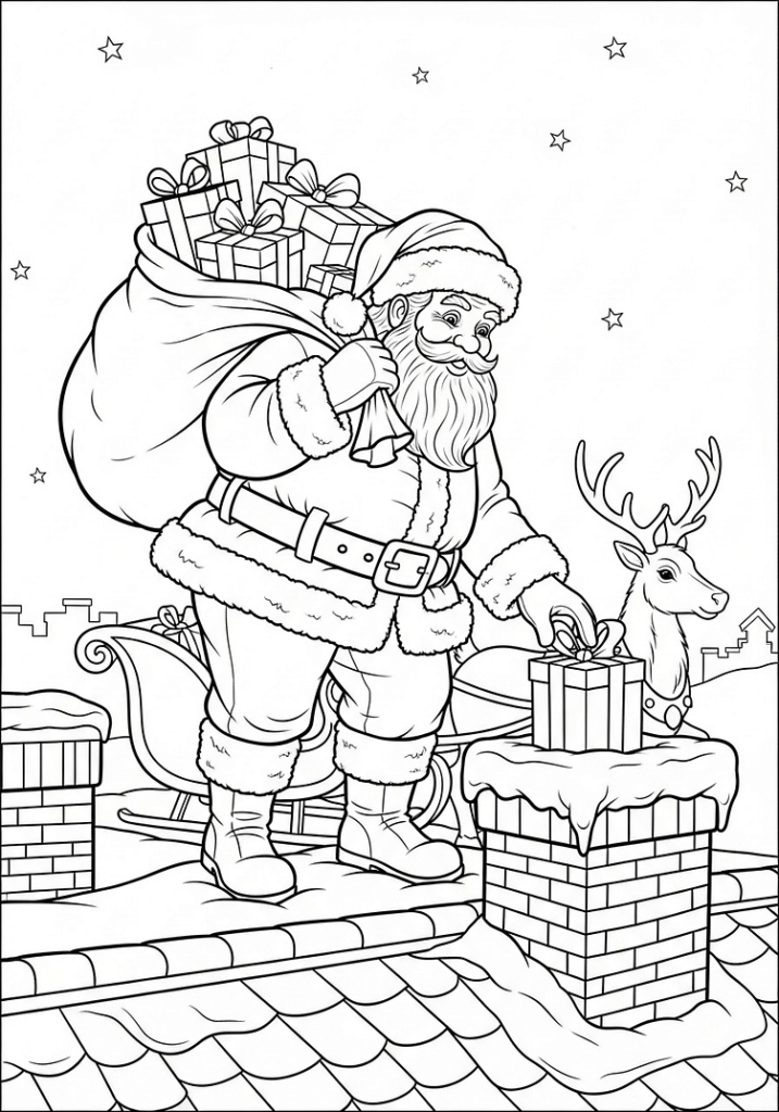 Santa carrying gifts beside a reindeer on snowy roof