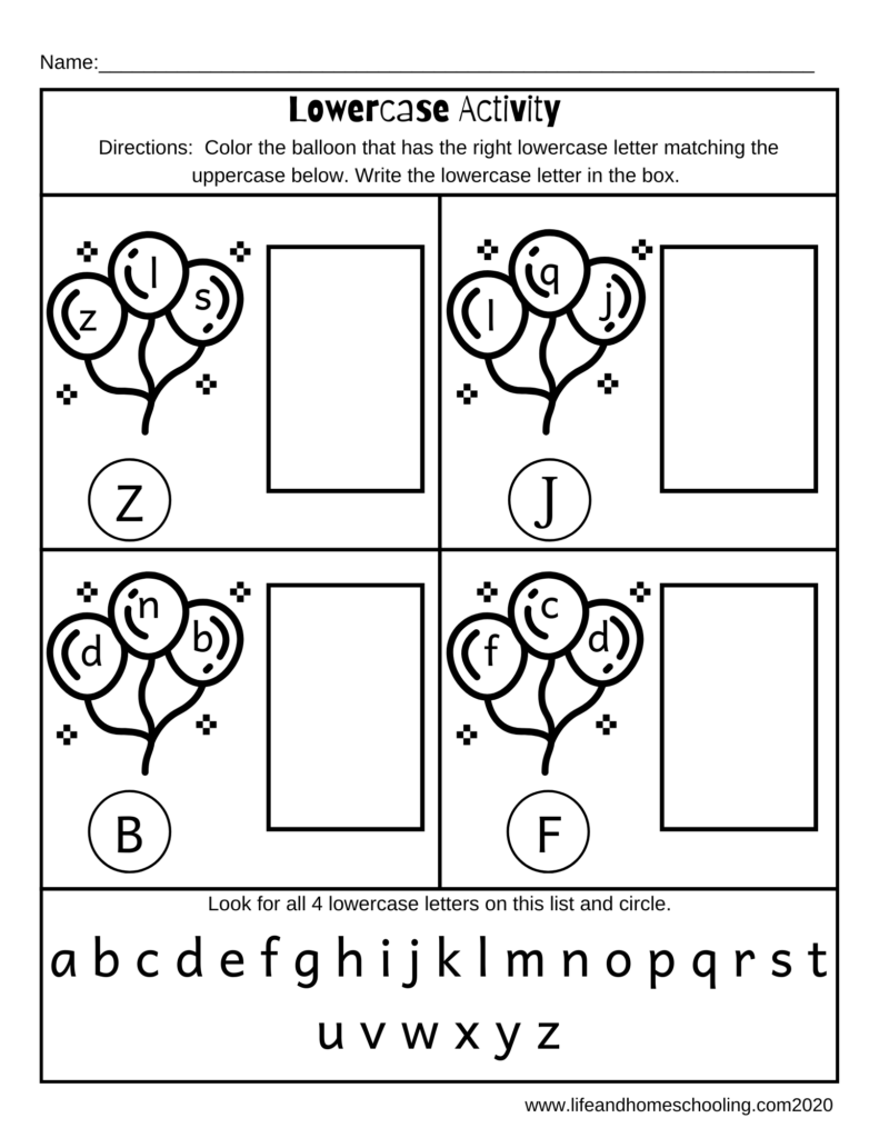 Black-and-white lowercase letter worksheet with balloons and boxes