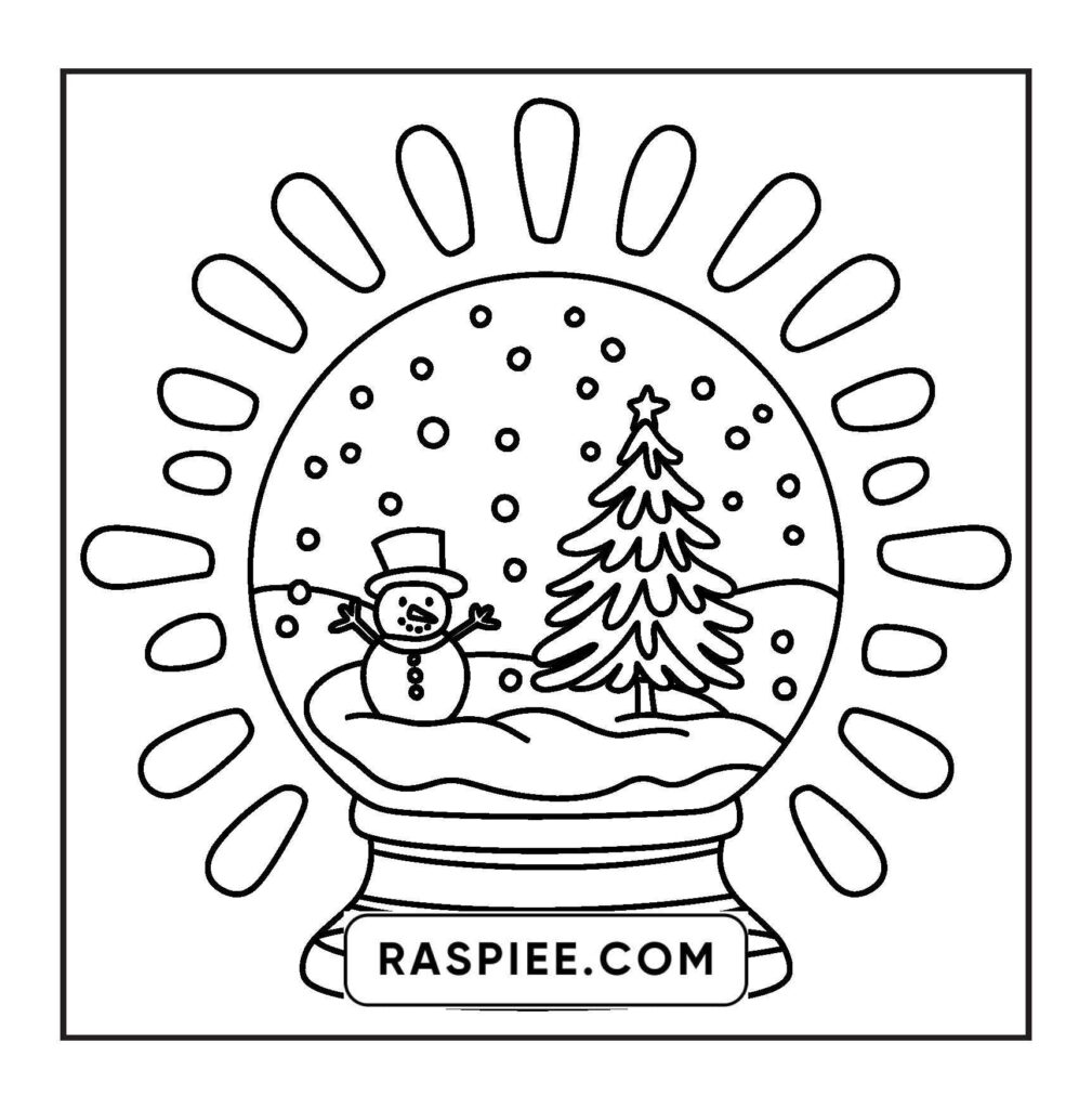 Snow globe coloring page with snowman and tree