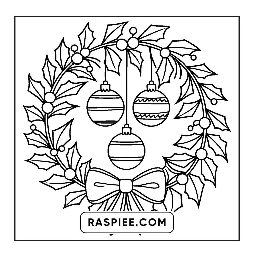 Christmas wreath with ornaments and bow line drawing