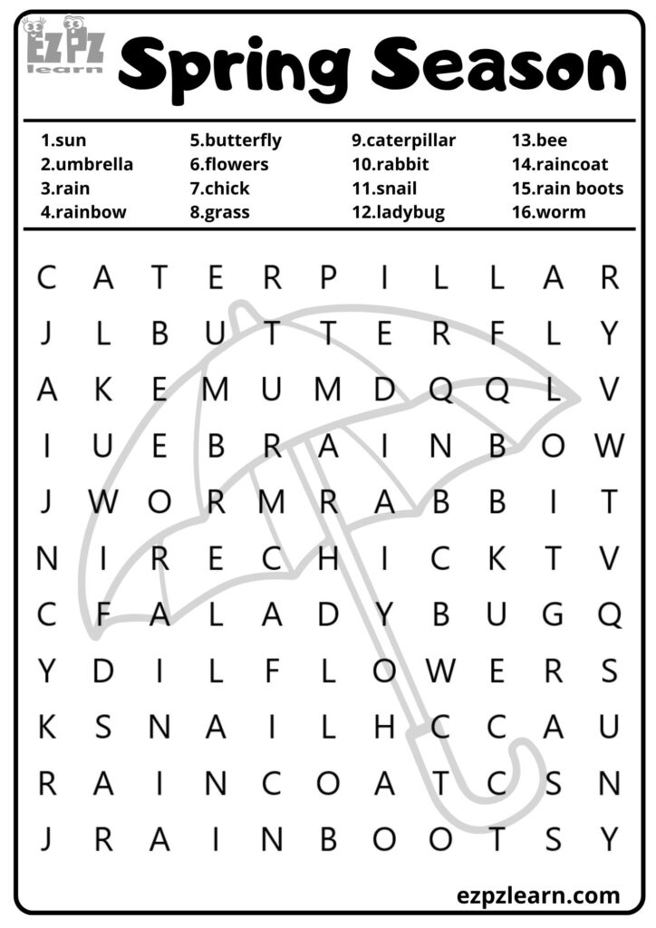 Spring season word search worksheet with letters and lists