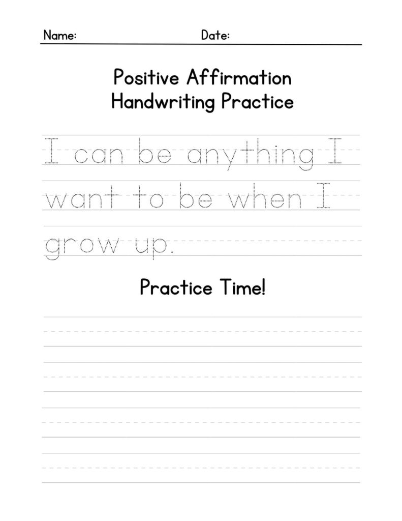 Positive affirmation handwriting practice worksheet with lined space