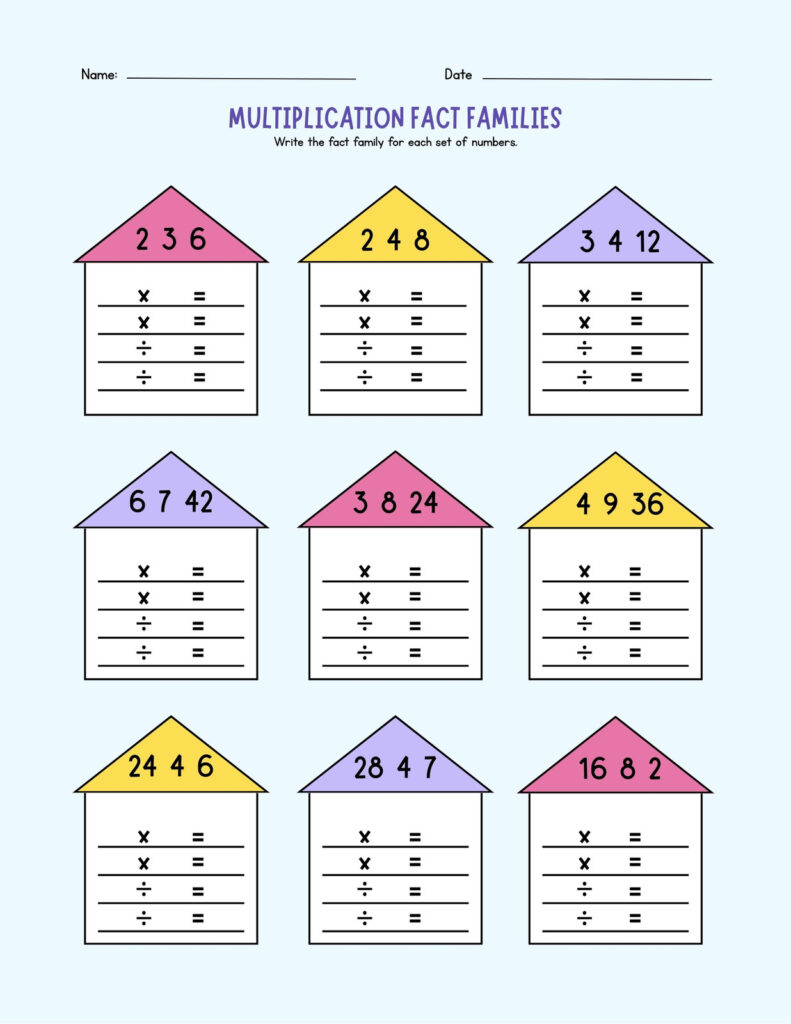 Multiplication fact families worksheet with nine houses