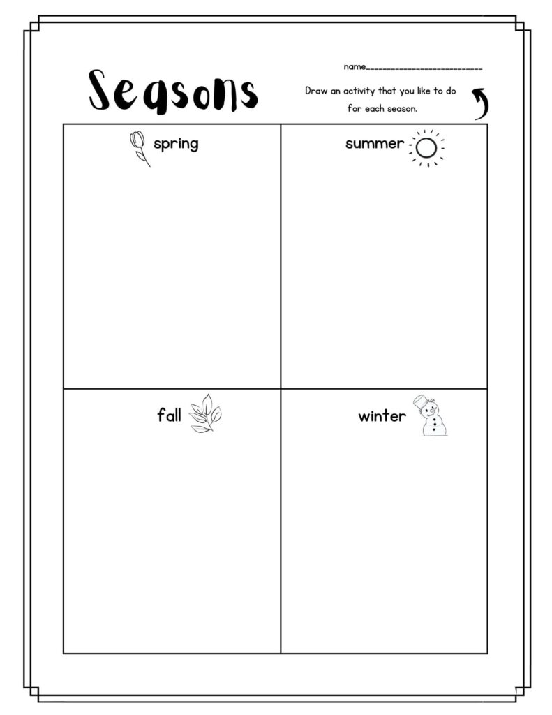 Seasons worksheet with four labeled blank boxes
