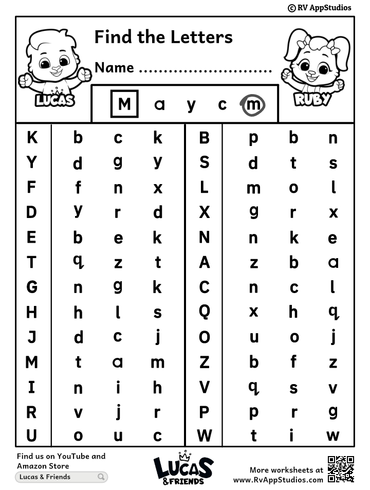Alphabet find-the-letter worksheet with cartoon characters and grid