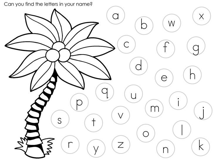 Black-and-white alphabet activity page with palm tree and letters