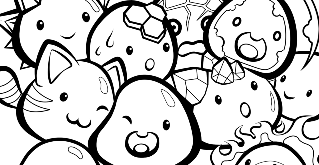 Cartoon slime creatures with varied expressions, black-and-white line art