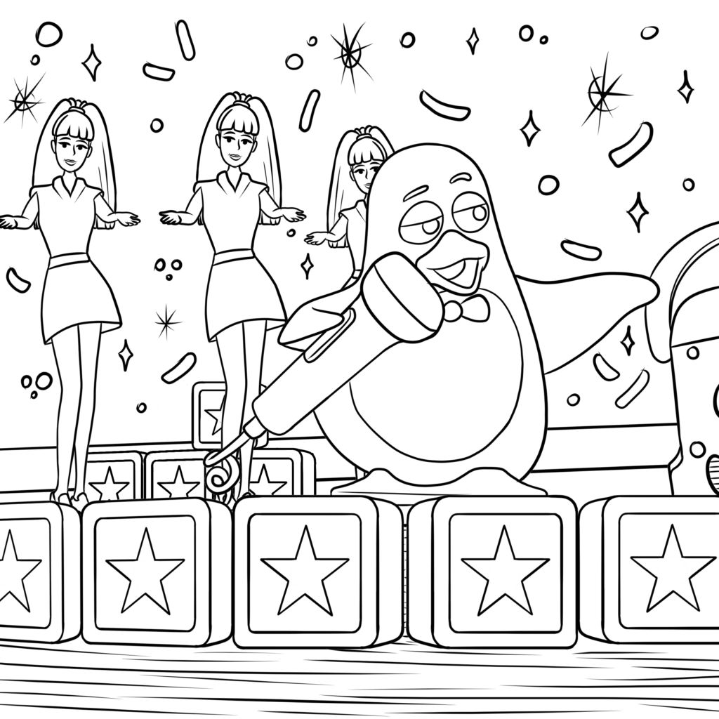 Black-and-white cartoon stage with penguin and doll figures