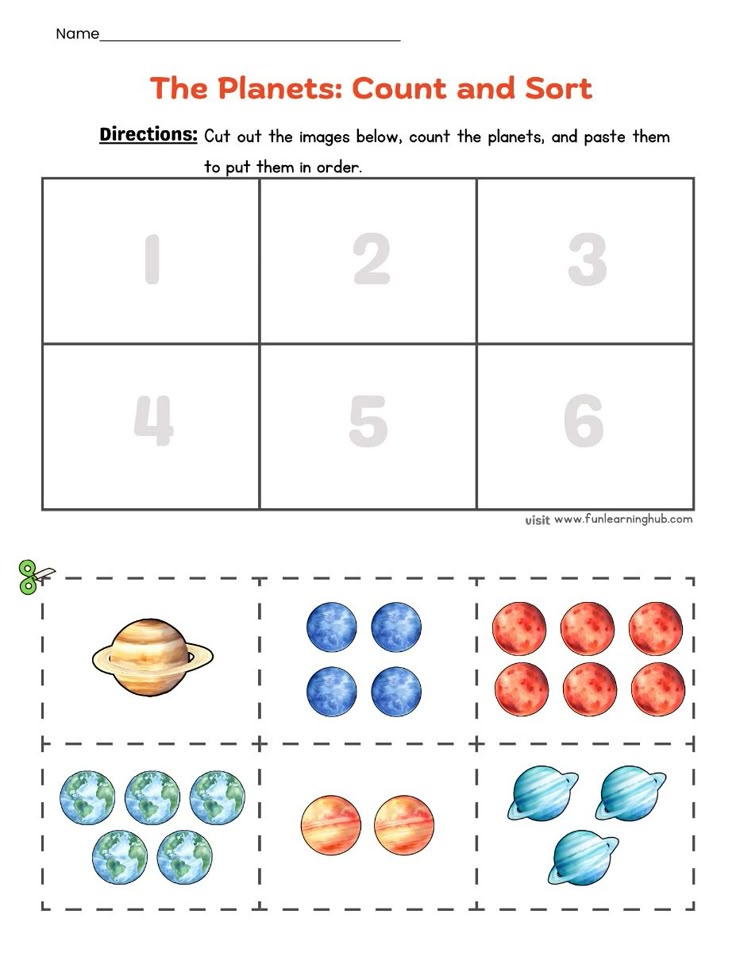 Printable planets count-and-sort worksheet with cutout circles