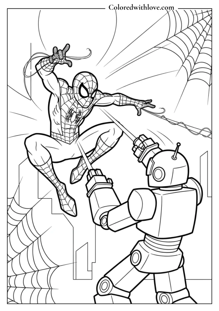 Spider-Man battling a robot amid webs and cityscape