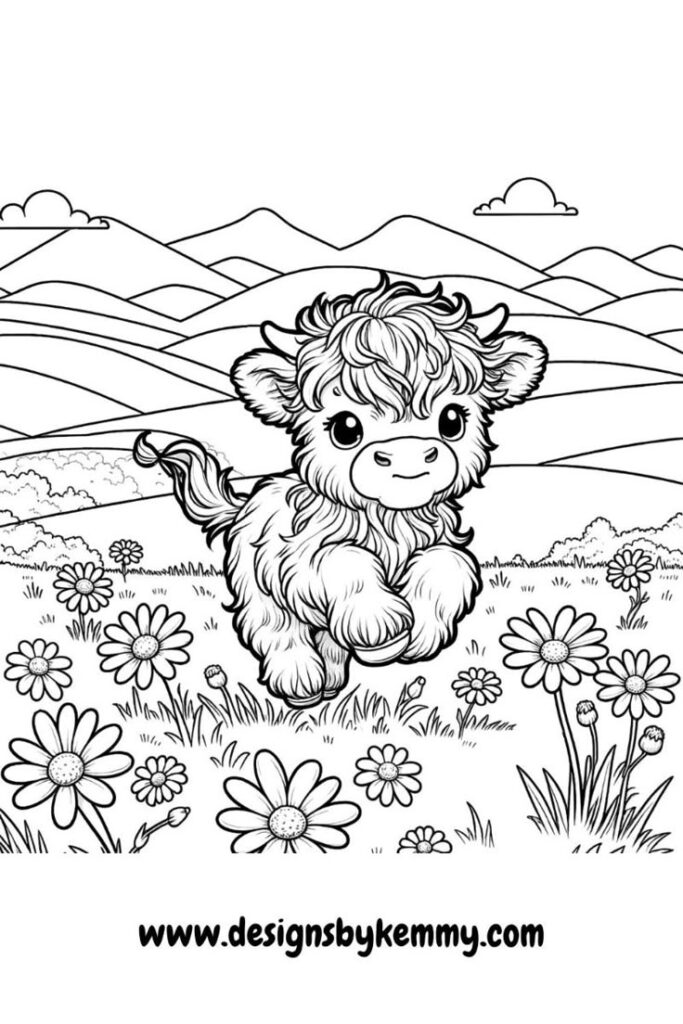 Adorable fluffy calf leaping in a daisy-filled meadow with mountains.