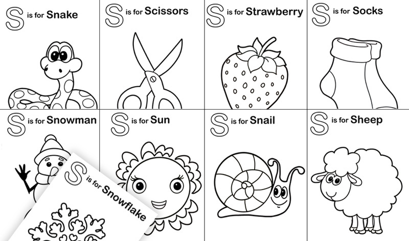 Alphabet coloring page with S words and drawings