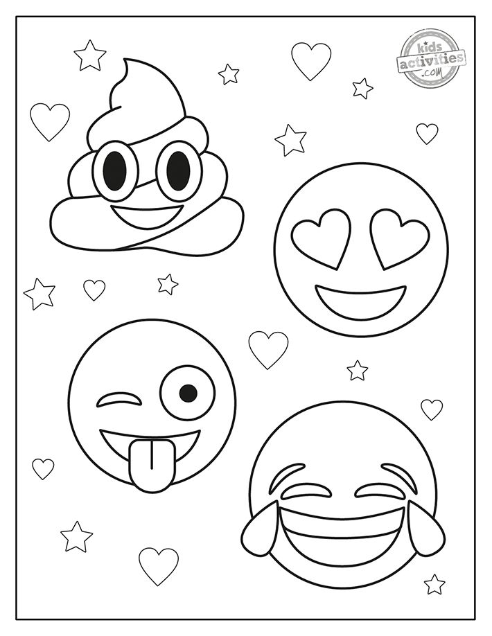 Emoji faces with stars and hearts coloring page