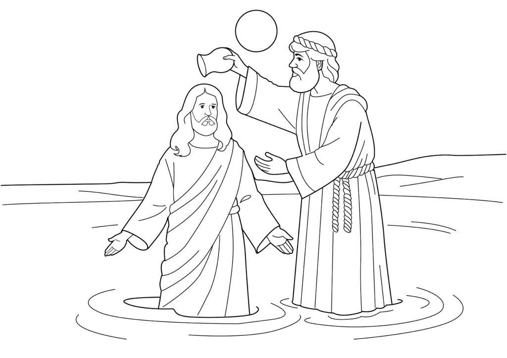 Line drawing of two robed men in water, one baptizing the other