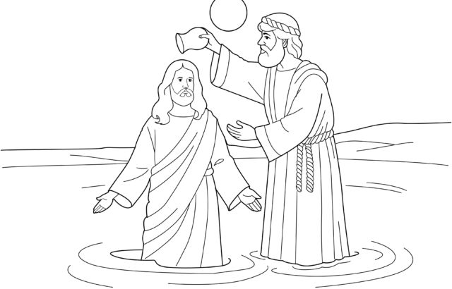 Line drawing of two robed men in water, one baptizing the other