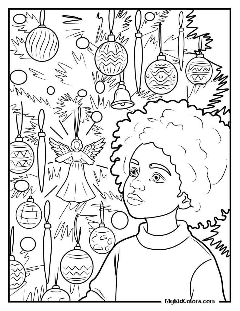 Coloring page of child, ornaments, angel, and bell