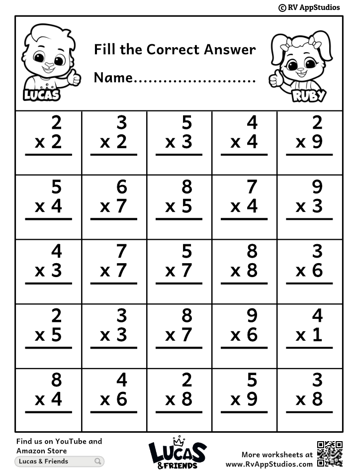 Black-and-white multiplication worksheet with cartoon animals and grid numbers