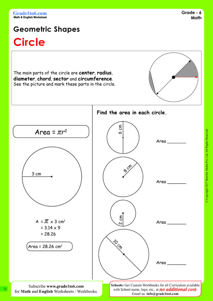 Grade 6 math worksheet about circles and area