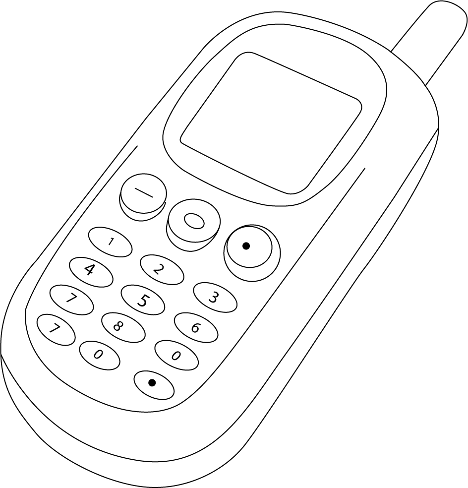 Black and white drawing of a keypad mobile phone