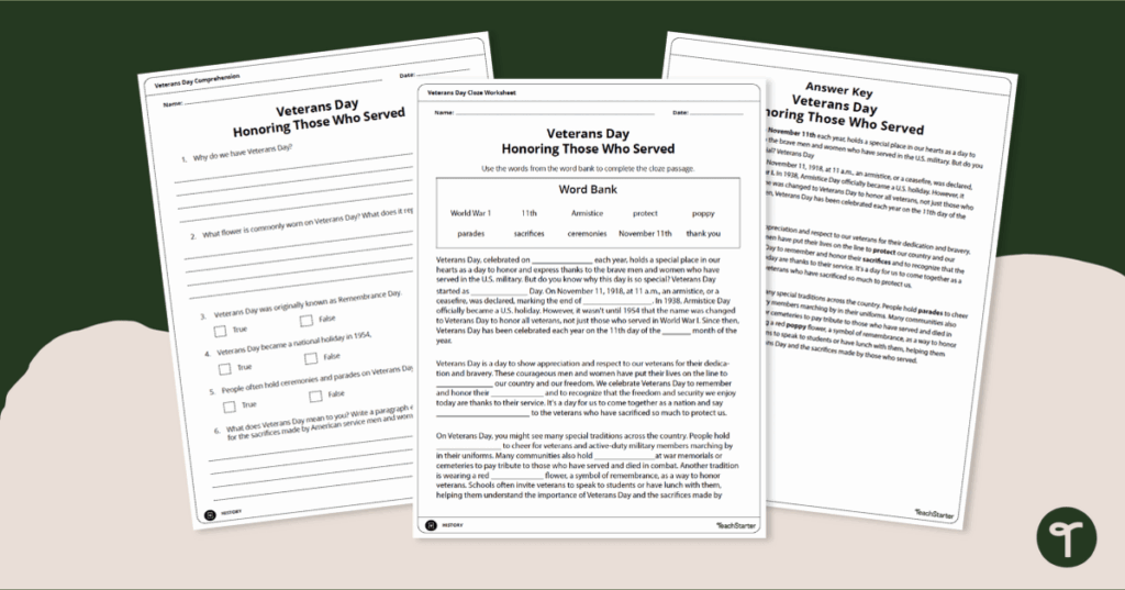 Three Veterans Day worksheets on a dark green background