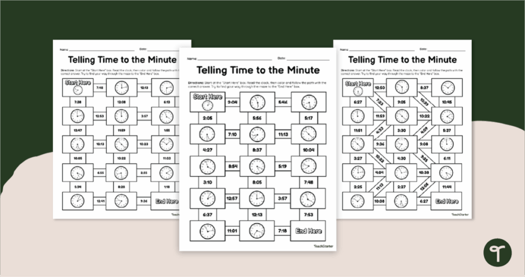 Three time-telling worksheet pages on a table