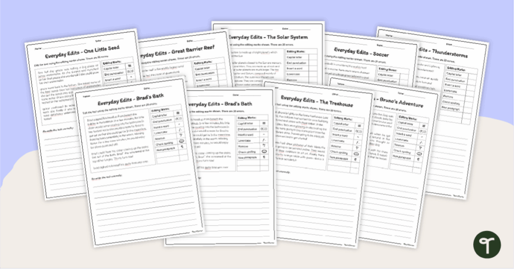 Stack of editable worksheet pages on a blue background