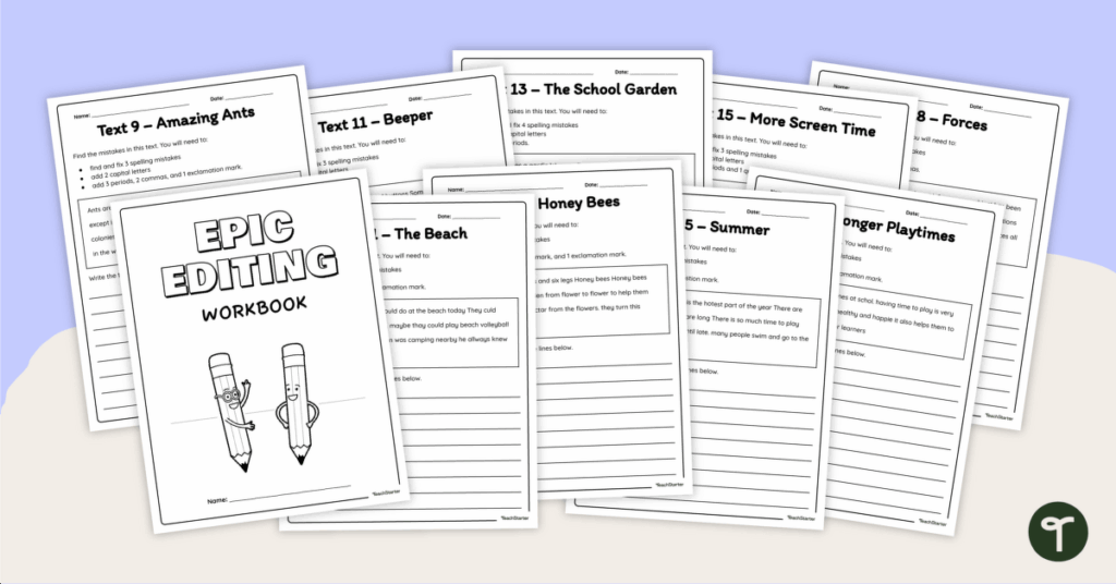 Stack of editing workbook pages on pastel background