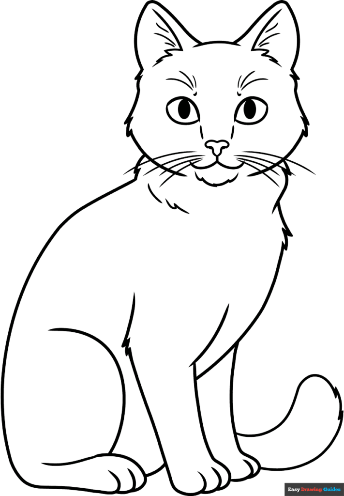 Black line drawing of sitting cat on white background