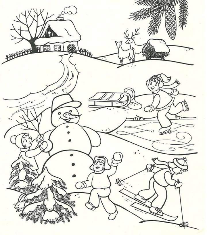 Winter scene with snowman, children, skaters, skier, and cabin