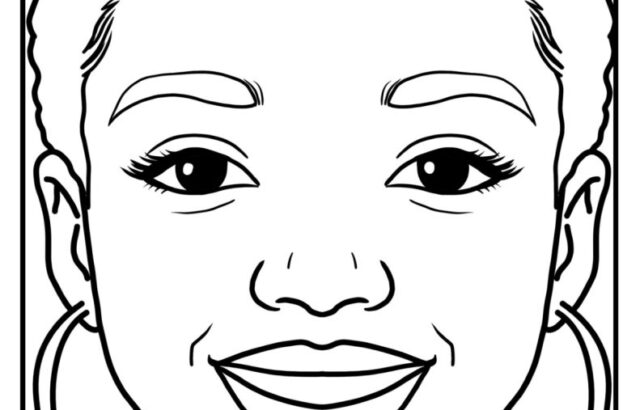 Black-and-white line drawing of smiling woman’s face, hoop earrings
