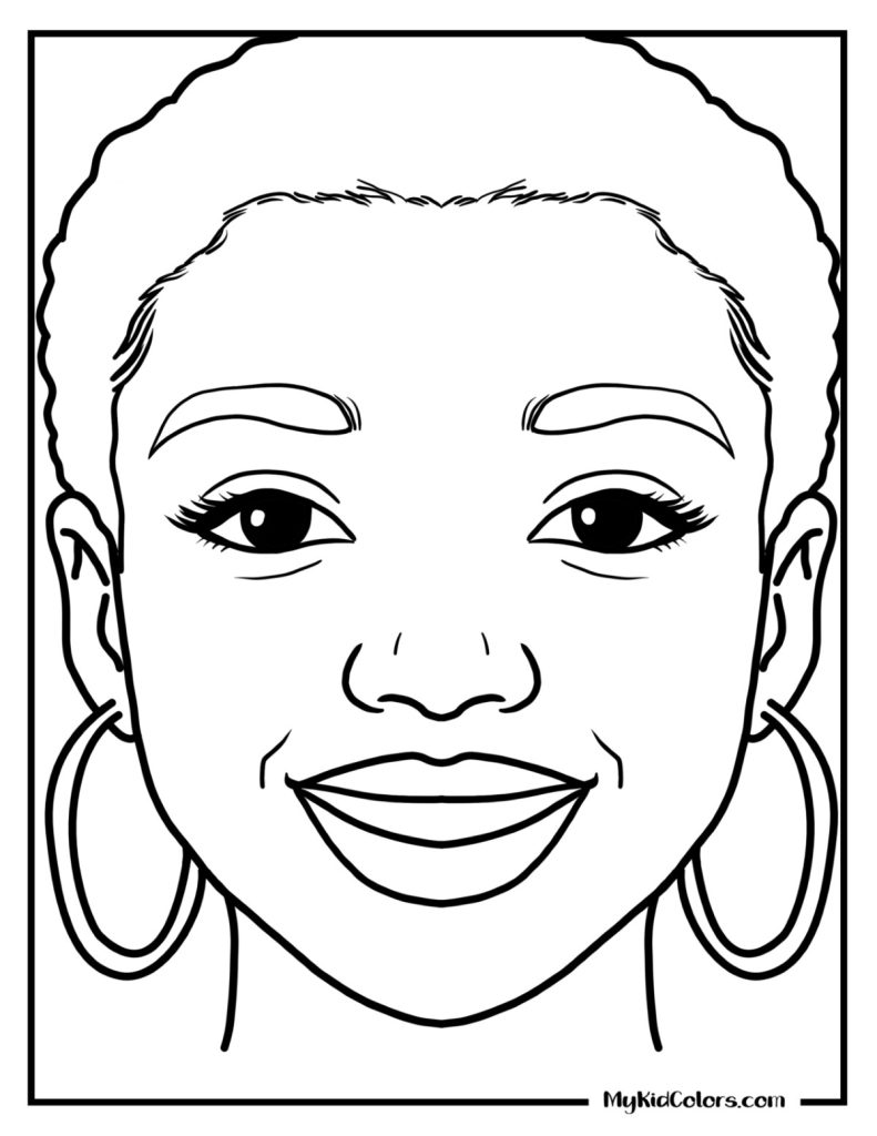 Black-and-white line drawing of smiling woman’s face, hoop earrings