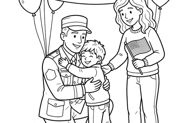 Family hugging beside balloons and banner outdoors