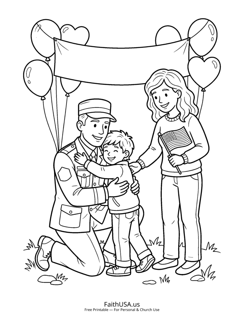 Family hugging beside balloons and banner outdoors