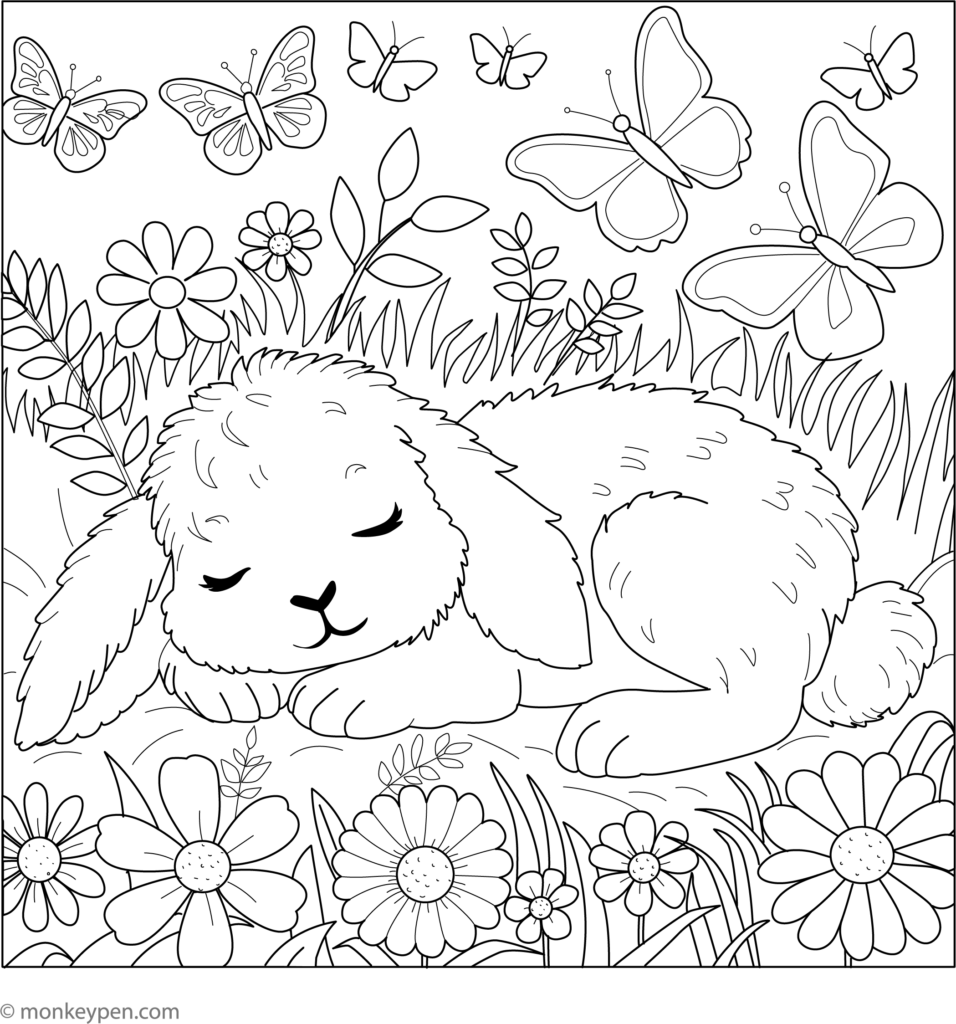 Sleeping fluffy bunny in a flower meadow with butterflies