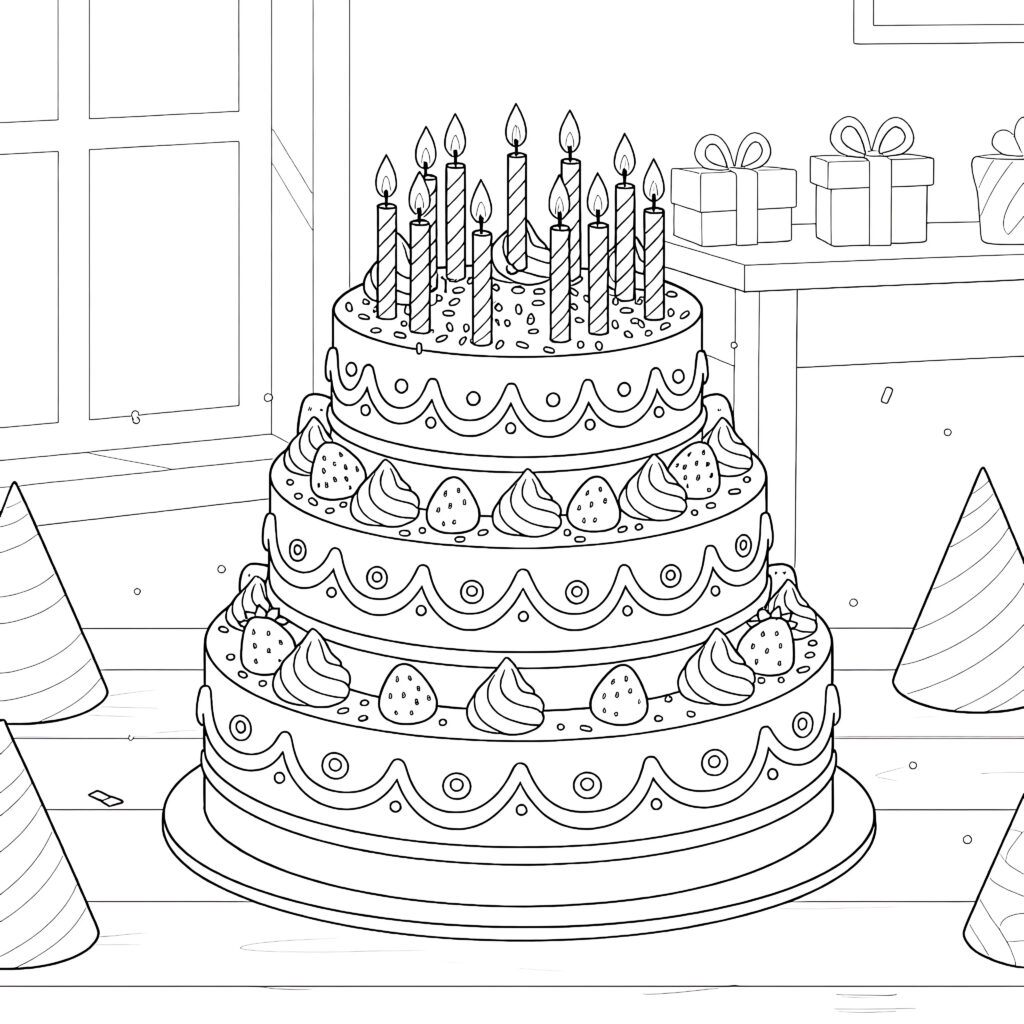 Tiered birthday cake with candles, gifts, and party hats