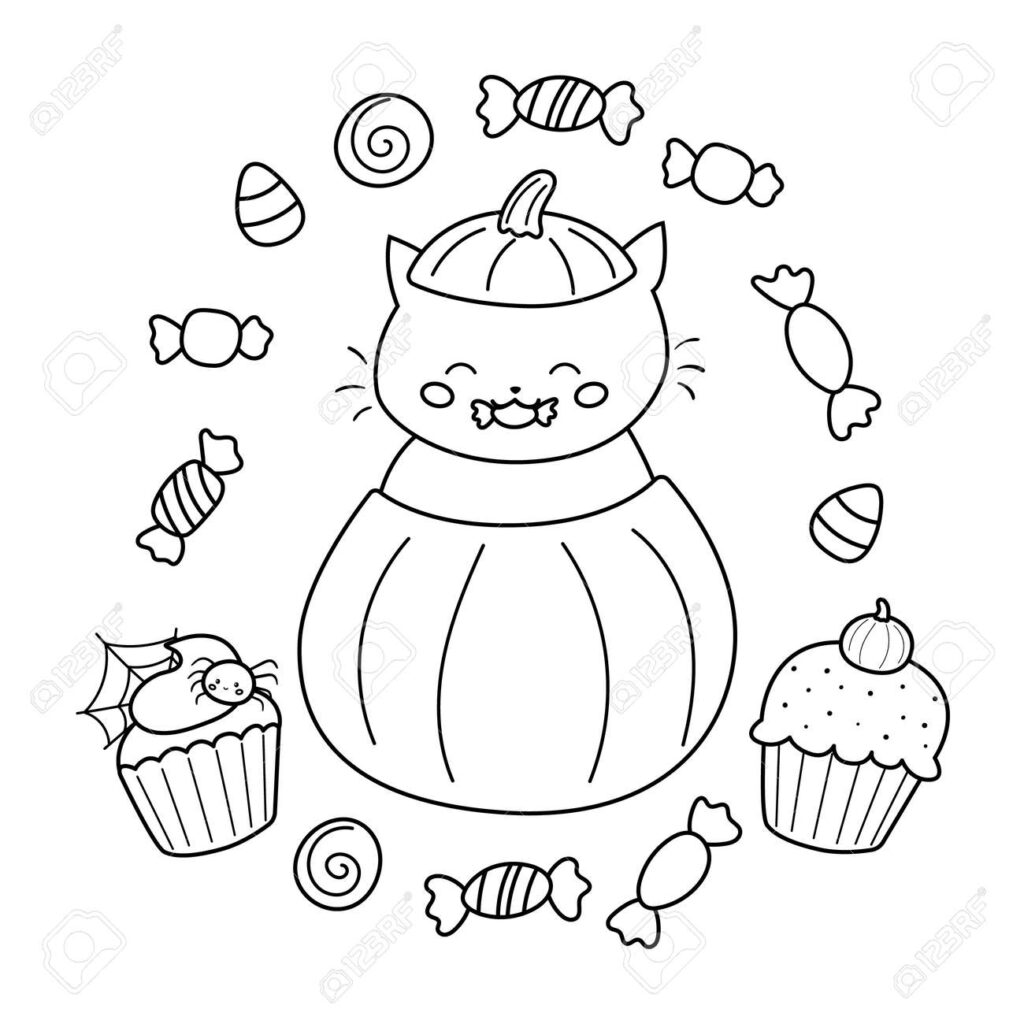 Cute cat inside pumpkin with candies and cupcakes