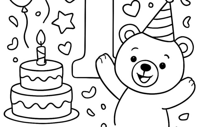 Birthday teddy bear with cake, balloons, and number one