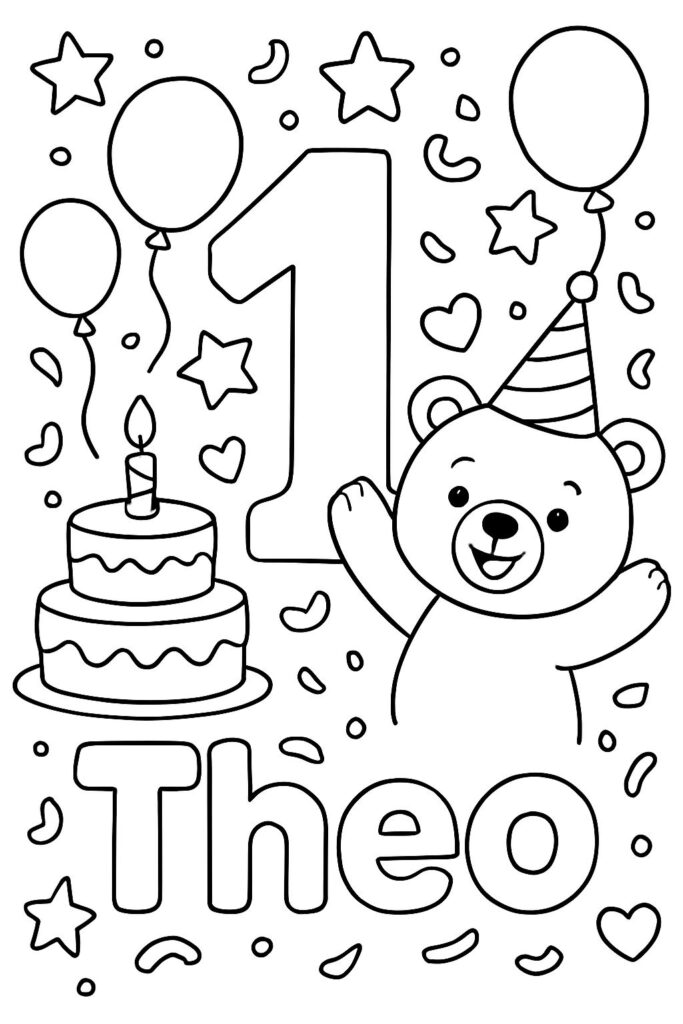 Birthday teddy bear with cake, balloons, and number one