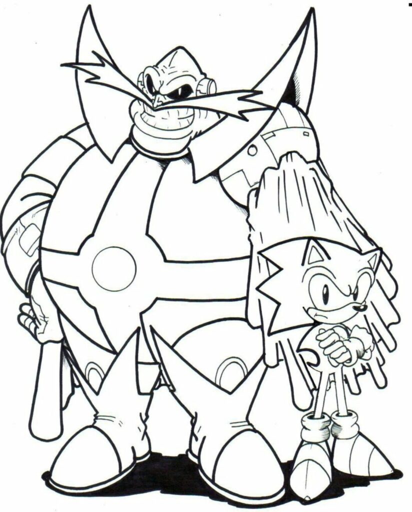 Black-and-white cartoon of Doctor Eggman and Sonic standing together
